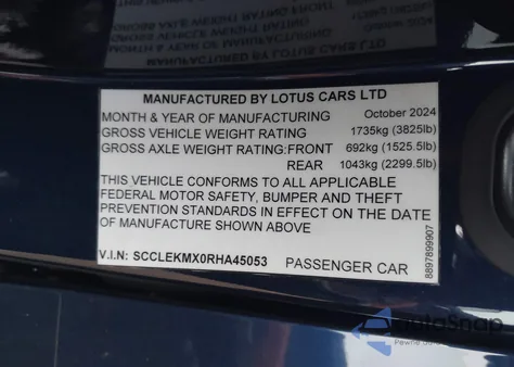 2024 Lotus Emira First Edition z USA, uszkodzony, nr VIN SCCLEKMX0RHA45053